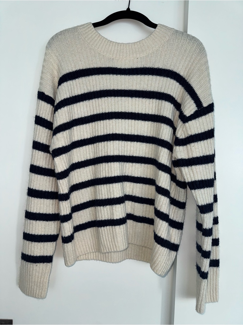 H&M Cream Crewneck Sweater with Black Stripes